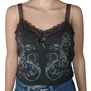 Romwe Fairycore Y2K Lace Cami Crop Top Black Gothic Coquette Grunge Size L
